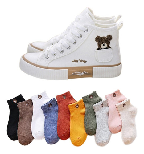 Moda Oso Zapatos Mujer Superior Lona Con 10 Pares Calcetines