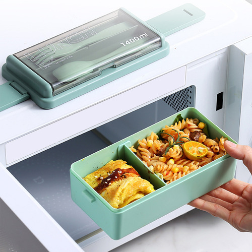 Bento Box De Dos Capas, Color Verde, Con Separador, De Plást