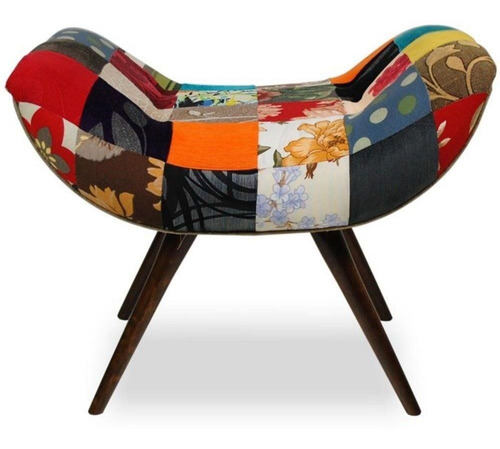 Puff Banqueta Alice Patchwork Pés Palito Sala Quarto Casa