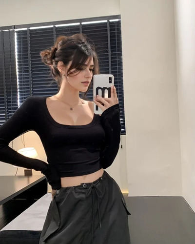 Camiseta De Manga Larga Con Cuello En U Para Mujer, Top De M