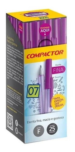 Caixa Caneta 0.7 Escrita Ponta Fina Compactor Roxo 25un