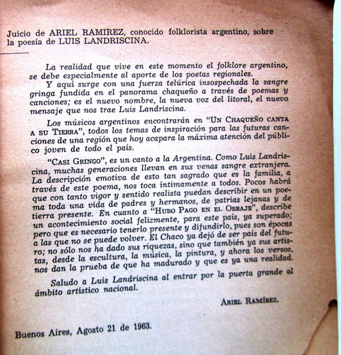 Luis Landriscina Firmado Un Chaqueño Canta A Su Tierra 1963 (Usado)