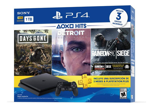 Sony PlayStation 4 Slim 1TB Hits Bundle: Days Gone/Detroit: Become Human/Tom Clancy's Rainbow Six Siege Deluxe Edition color  negro azabache