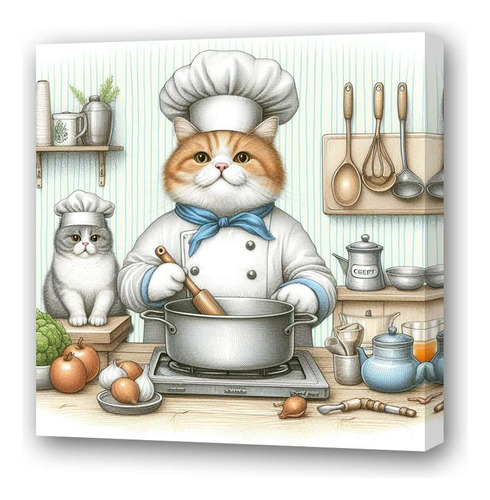 Cuadro 20x20cm Gato Chef Cocina Dibujo Cook Cat M2
