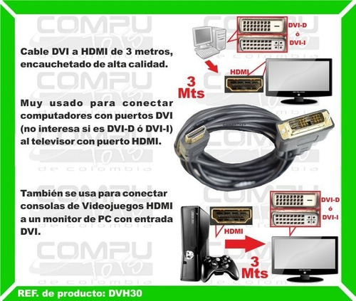 Imagen 3 de 6 de Cable De Conexion Dvi A Hd Macho 3m Ref Dvh30 Computoys Sas