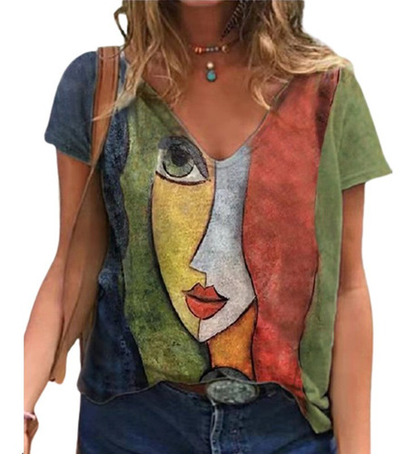 Women's V Print Loose Vintage Short Sleeve Shirt