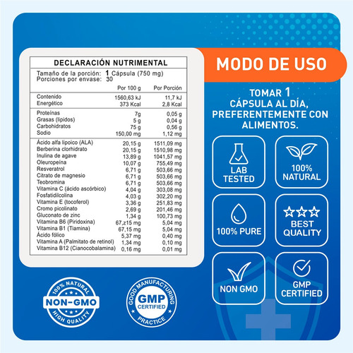 Glucoline 30 Caps Suplemento Diabeticos Sin Sabor
