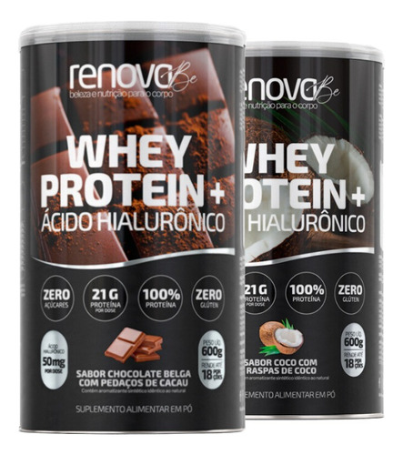 Kit 2 Whey Protein Renova Be Ácido Hialurônico Suplemento Sabor 1 Chocolate - 1 Coco