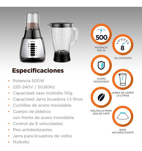 Licuadora Smart Tek Con Molinillo De Granos 500w 1.5lts