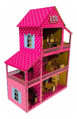 Casinha Casa de Boneca Barbie Polly Pintada 25 Móveis Madeira Mdf