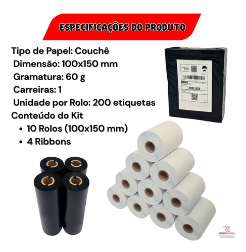 10 Rolos Etiqueta Couchê 100x150+4 Ribbon -zebra Argox Elgin