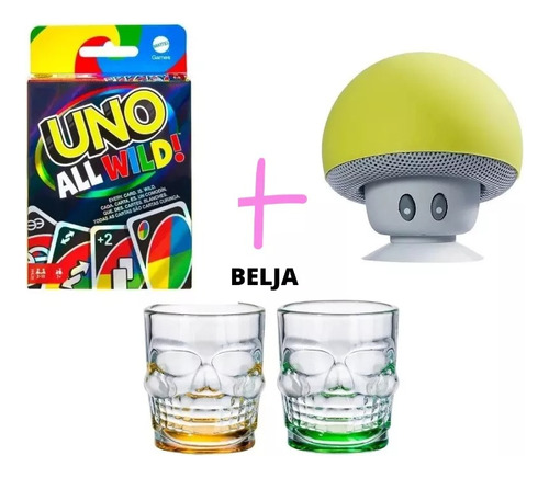 Juego Uno All Wild + 2 Vasos Shot Tequilero + Bocina Hongo