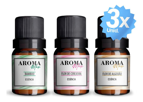 Kit 03 Essências Aroma Max 30ml - Bamboo, Cerejeira, Algodão