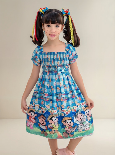 Vestido Infantil Arraiá Com Personagens Festa Junina