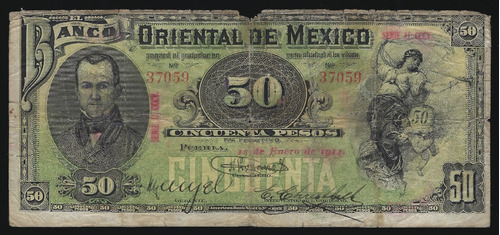 Puebla, Mexico, Revolucion, 50 Pesos, 1914. P#s384. Vg