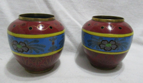 Antiguo Par Floreros Cloisonne Bronce Esmalte Diseño Flores