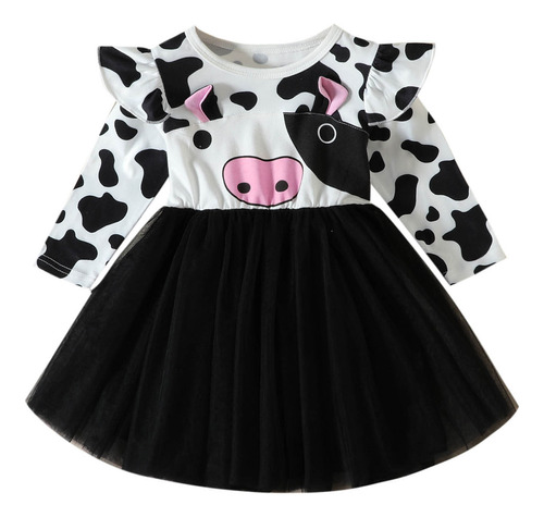 Vestido De Malla Con Estampado De Vaca Para Niñas, Bonito Ve