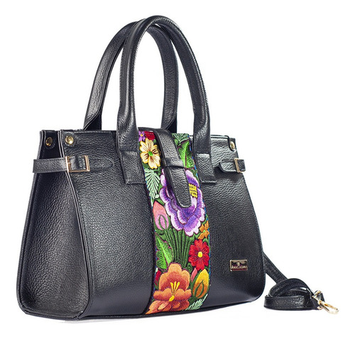 Bolsa De Piel Con Telar Zinacantan Hecho A Mano Color Negro Diseño de la tela Samantha telar zinacantan