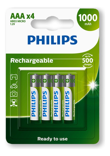 04 Pilhas Aaa 1000mah Recarregável Philips 1 Cartela