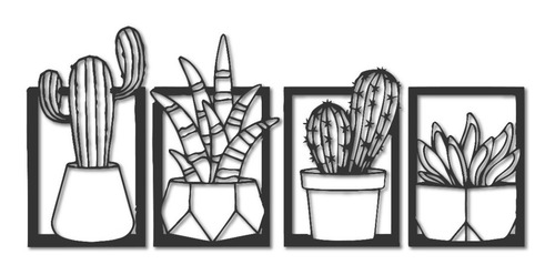 Imagen 3 de 5 de Cuadro Cactus Cuadríptico Calado En Fibrofacil Negro