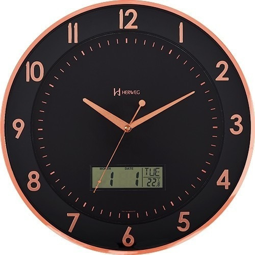Relógio Parede 35cm Termômetro Calendário Preto Herweg 6819