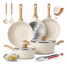 Batería de Cocina LATATL Antiadherente de Cerámica, Kit de 14 Piezas para Inducción en Color Avena