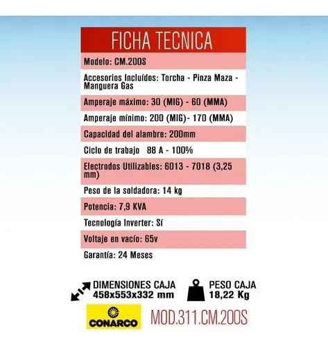 Soldadora Mig/mag - Inverter Electrica 200 Amp Conarco Mig 2