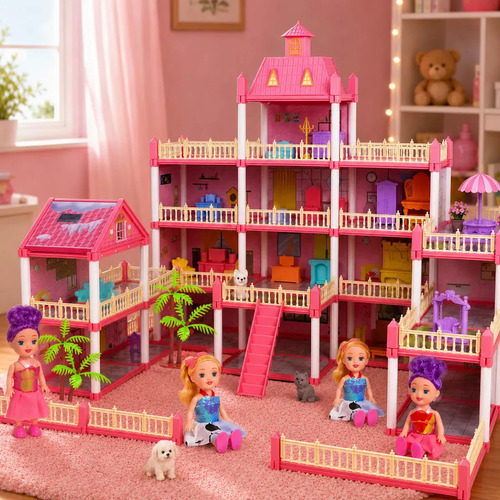 Casa de Bonecas Princesa Domiar Rosa com 17 Cômodos, 4 Andares e 4 Bonecas, Móveis e Acessórios para Meninas