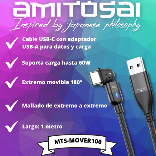 Cable Usb-c Adaptador Usb-a 60w Movil 180º 1m Mts-mover100 Color Negro