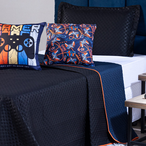 Kit Cama Colcha Game Day Preto Com Almofadas Casal 05 Peças