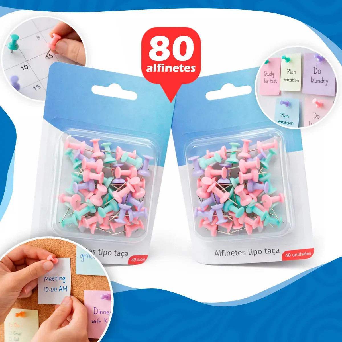 Kit 80 Alfinetes Tipo Taça Tachinhas Coloridos Para Mural Quadro Cortiça Avisos Recados Gurumania