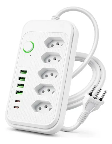 Extensão 5 Tomadas 4 USB e Tipo C Proteção Sobrecarga Bivo