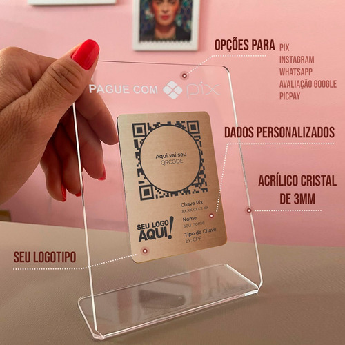 Imagem 2 de 5 de Placa Pix Para Pagamento Qrcode Em Acrílico Frente Broze