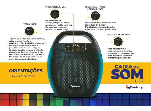 Imagem 2 de 6 de Alto Falante Rgb Century Bluetooth Portátil C Led 100wrms