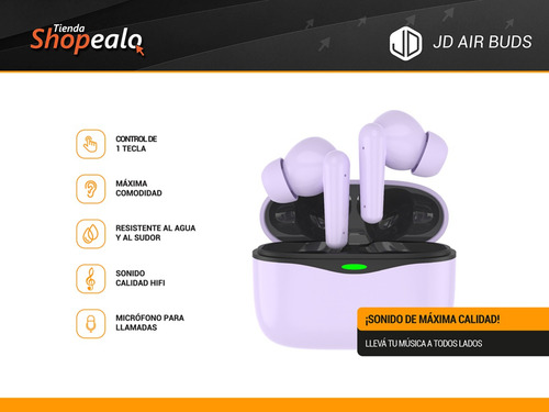 Imagen 2 de 8 de Auricular Inalambrico In Ear Bluetooth Jd Air Buds Lila Cta*
