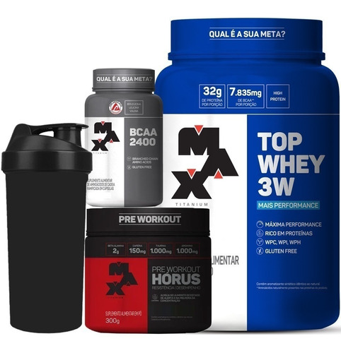 Top Whey 3w + Horús Pré Treino + Bcaa + Brinde Max Titanium Sabor Baunilha