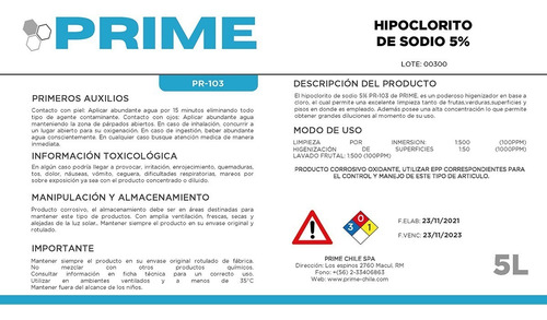 Imagen 2 de 2 de Hipoclorito De Sodio (cloro) 5% Prime 5 Lts.