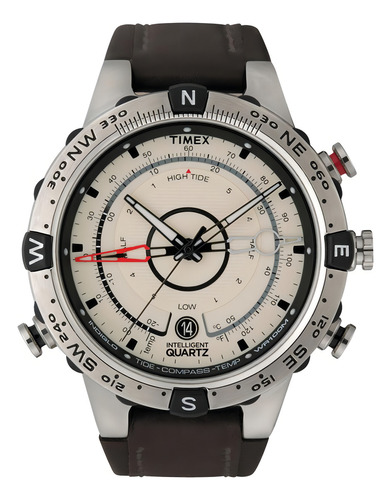 Relógio de pulso Timex T2N721 com corria de couro cor marrom - fondo bege - bisel prata