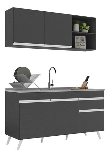 Armário De Cozinha Compacta 150cm Veneza Multimóveis V2142 Cor Preto/branco