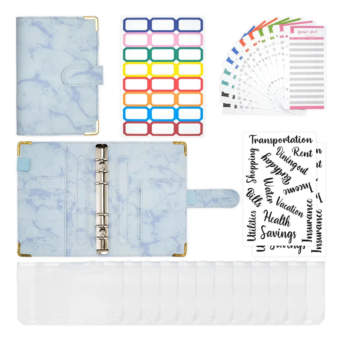 Carpeta Organizadora Financiera A6 Azul de PU, Con 12 Sobres Transparentes y Accesorios