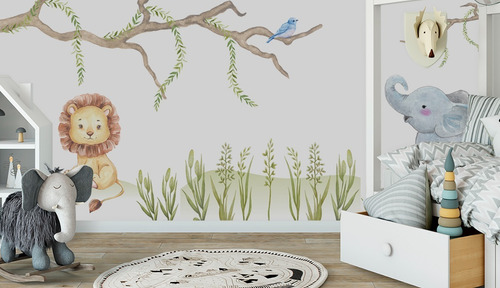 Papel De Parede Leão Elefante Para Quarto De Bebê Pp289 M²