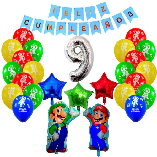 Combo Kit Globos Deco Fiesta Mario Bros+numero70cm+feliz Cum