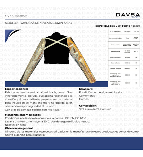 Manga De Kevlar Aluminizado Un Par Para Altas Temperaturas