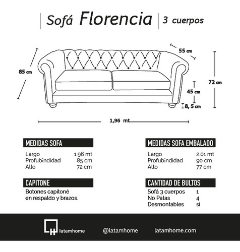 Sofa Florencia 3 Cuerpos Cuero Colorado - Latam Home