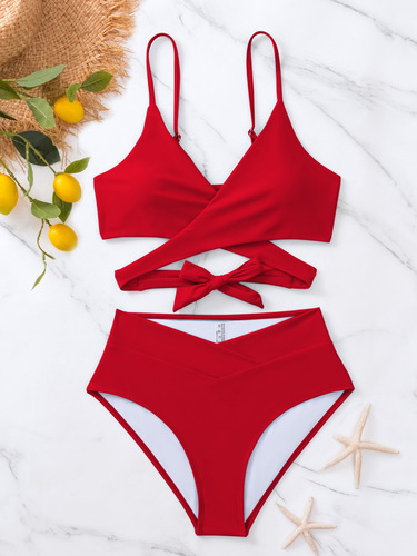 Trajes Bikini Sexy Mujer 2 Piezas Color Sólido Verano Playa Rojo L