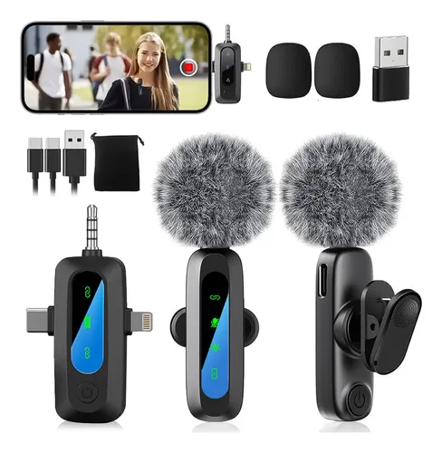 2 Pack Micrófonos Inalámbrico Lavalier Solapa Cancelación Ruido Grabación Condensador Microfono Usb Reverberación Para... Negro