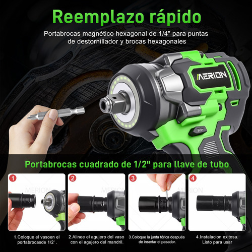 Pistola Impacto Llave Inalámbrica 1/2 600 Nm Con 2 Baterías 2 En 1 Con 24 Cuentas De Lámpara Led Merion MER+BS+600