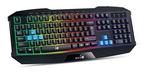 Imagen 2 de 2 de Teclado gamer Genius Scorpion K215 QWERTY español color negro con luz de 7 colores