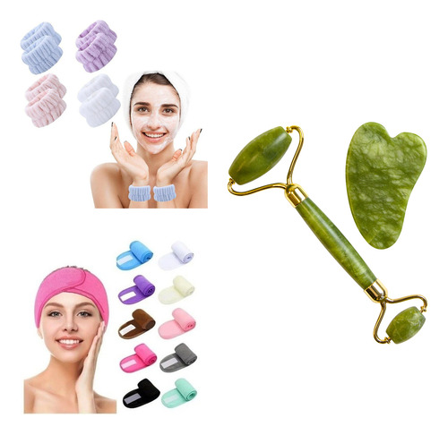 Kit Facial Ideal Jade Rodillo + Guasha + Vincha + Muñequeras