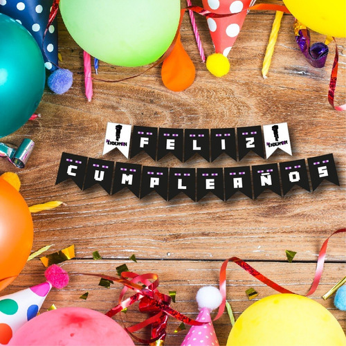 Imagen 3 de 4 de Banderín Feliz Cumpleaños-banderín Enderman-banner Cumple